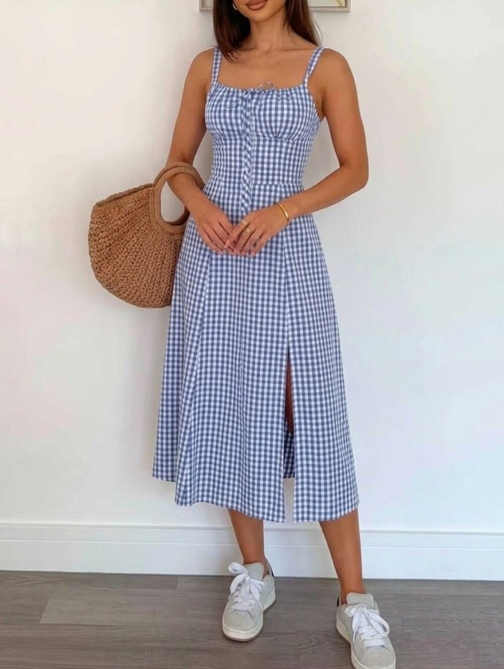 New Gingham Lace Up Back A Line Midi Dress Blue White Cotton - Picture 4 of 8